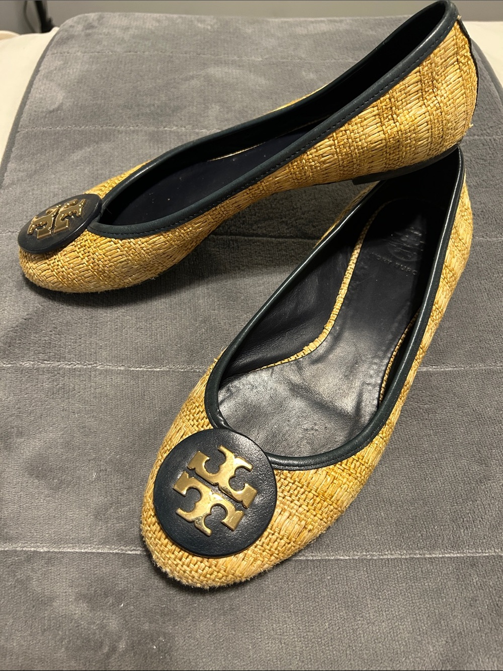 Tory Burch Gold Raffia Flats with Navy Trim & Logo